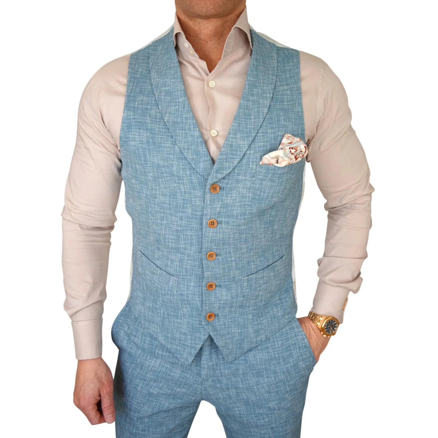 Teal Blu Lino Tweed Ciottoli Waistcoat