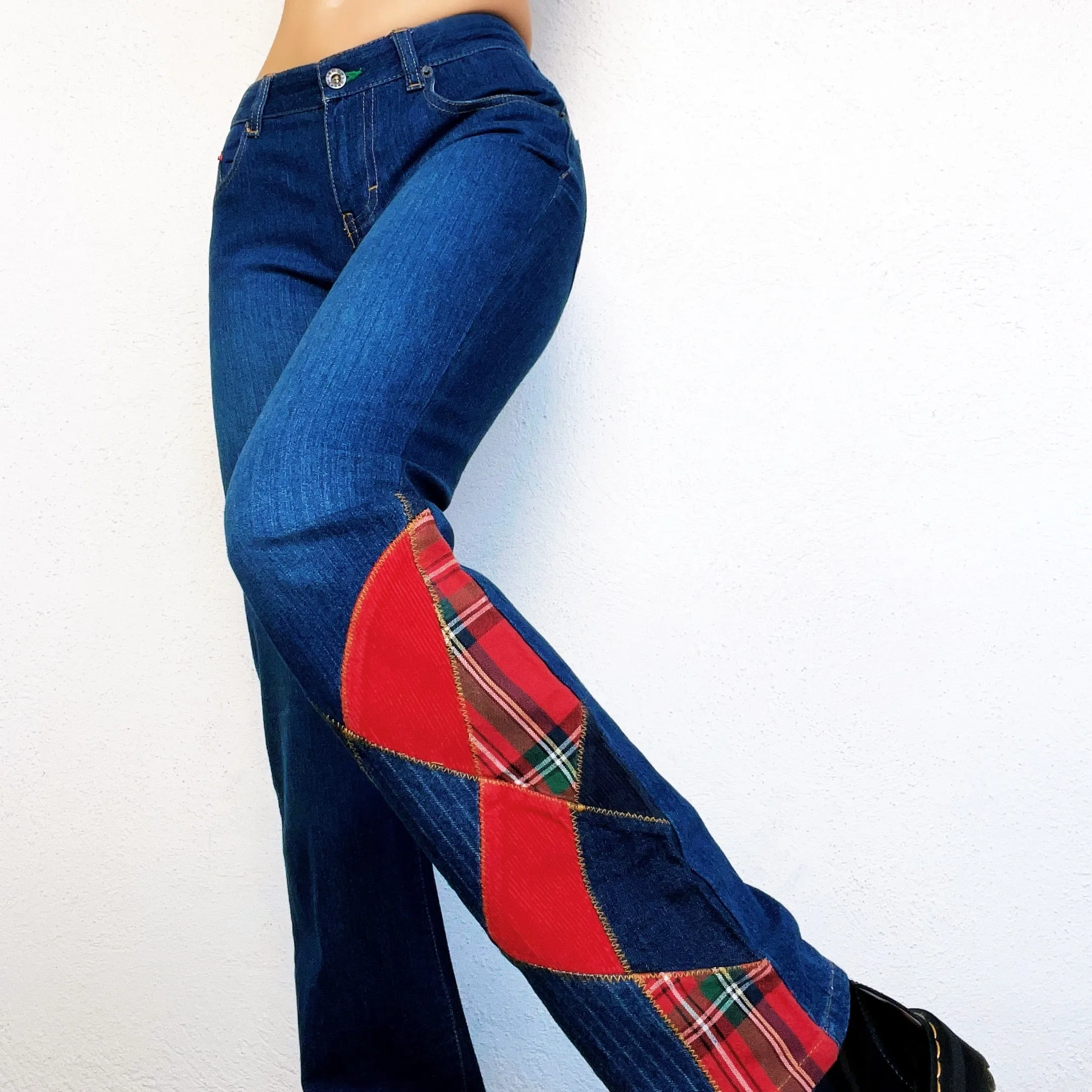 Tommy Vintage Plaid Patchwork Jeans (S)