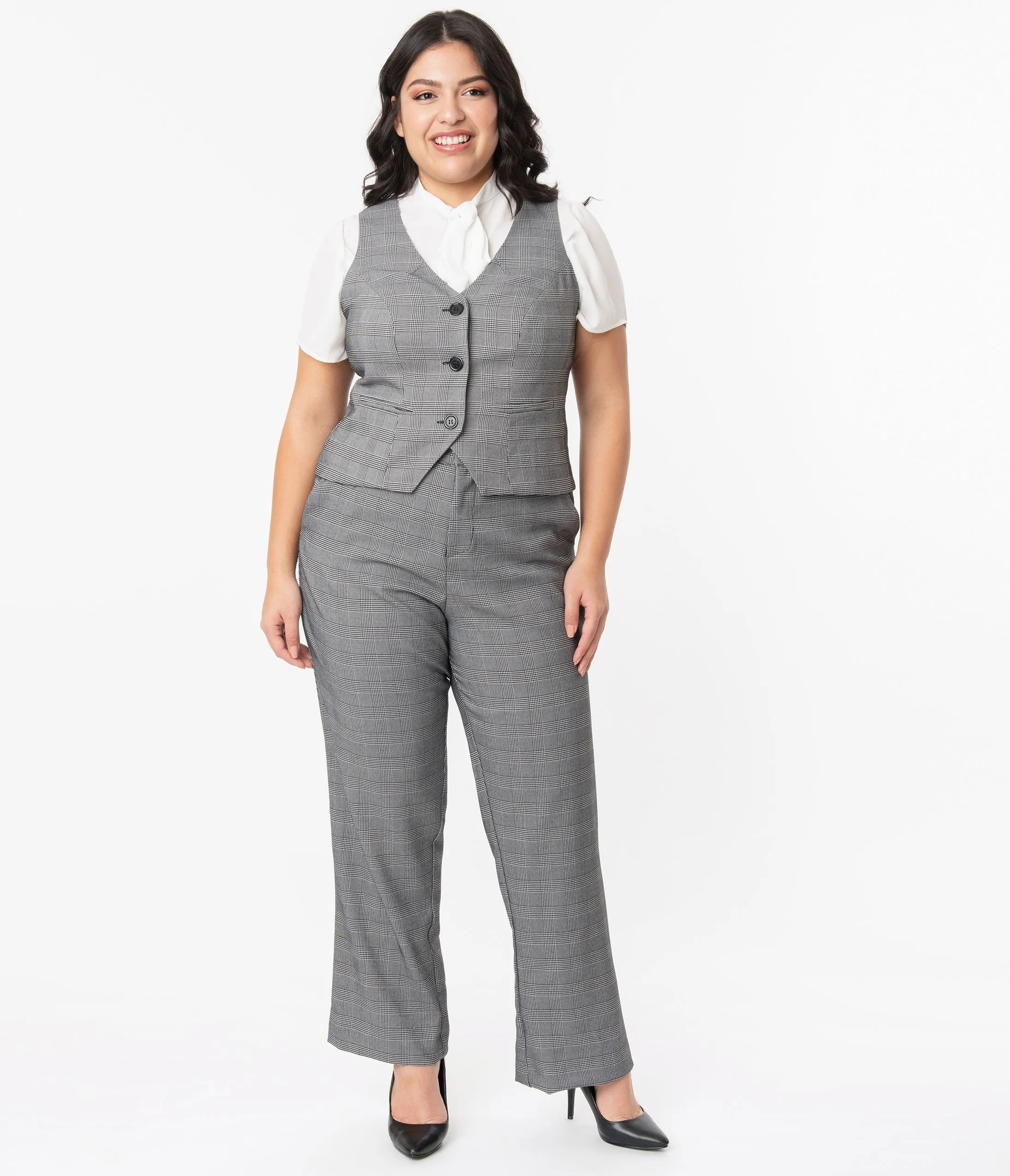 Unique Vintage Plus Size Grey Glen Check Dietrich Pants