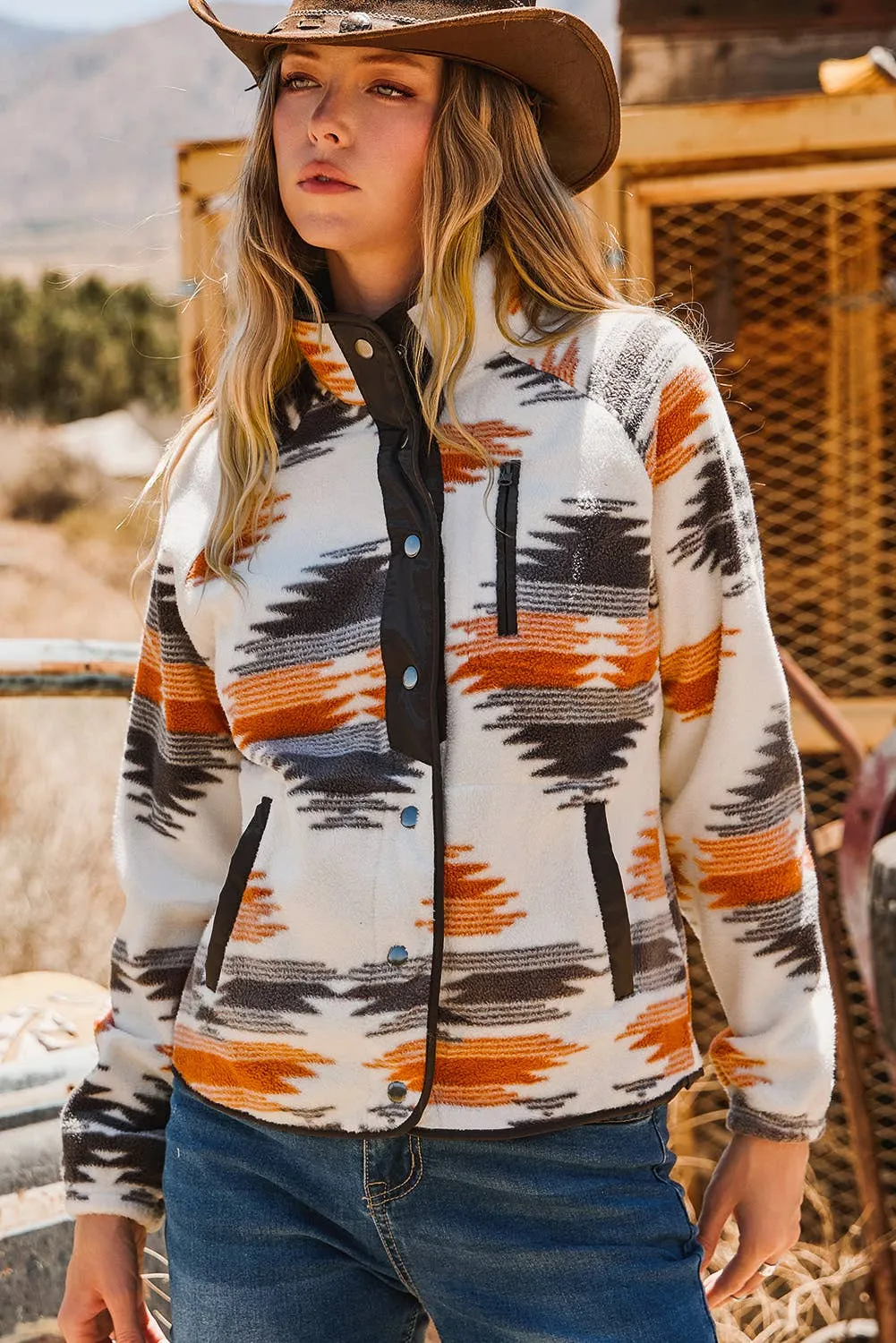 Western Aztec Snap Buttoned Fleece Jacket