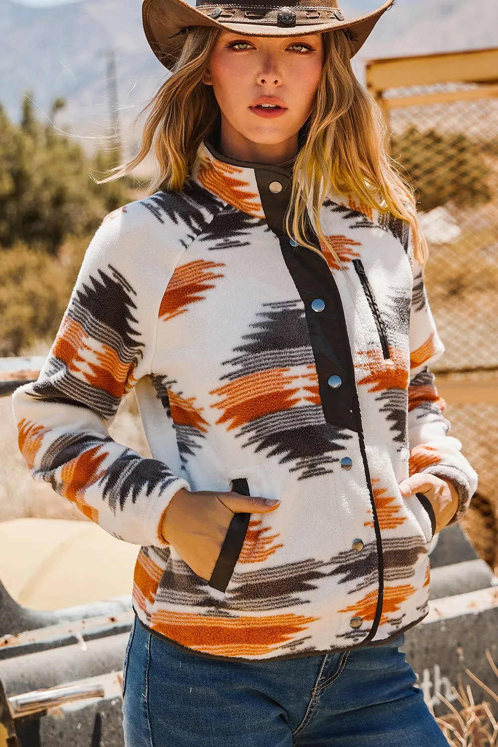 Western Aztec Snap Buttoned Fleece Jacket