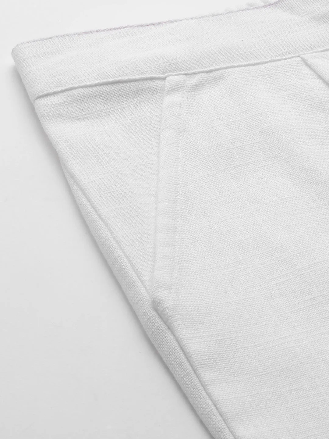 White Cotton Slub Bottom-Fold Straight Pants