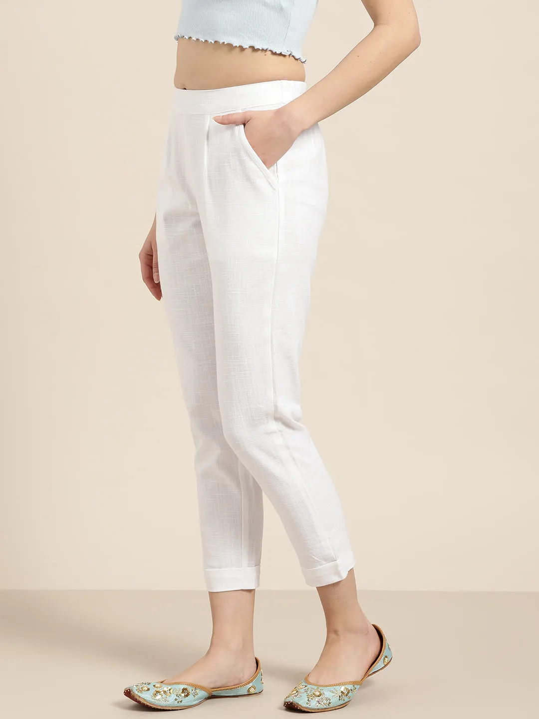White Cotton Slub Bottom-Fold Straight Pants