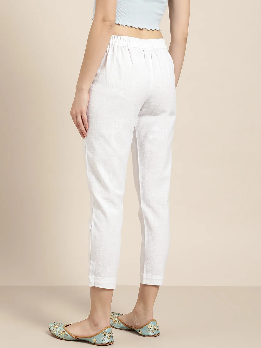 White Cotton Slub Bottom-Fold Straight Pants