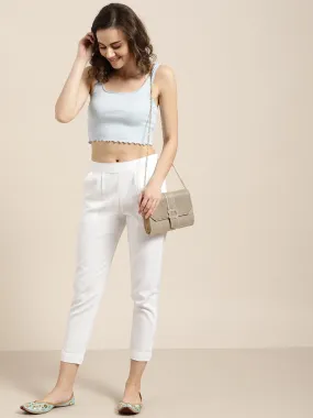White Cotton Slub Bottom-Fold Straight Pants