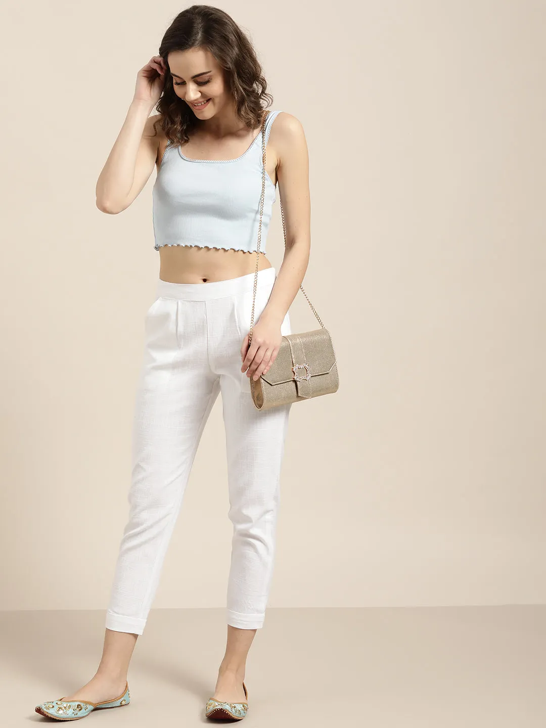 White Cotton Slub Bottom-Fold Straight Pants