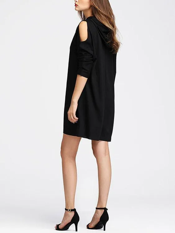 Wholesale Black Long Sleeve Hooded Cut Out Shirt Dress