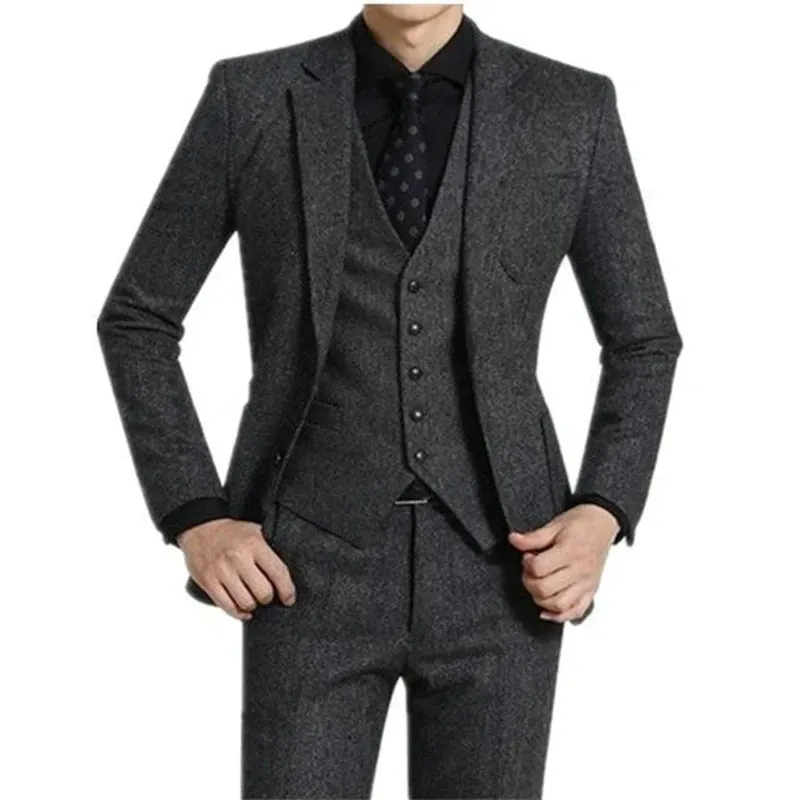 WIAOFELLAS 3 piece Grey Tweed Men Suits for Wedding Peaked Lapel Custom Casual Groom Tuxedos Winter Man Fashion Clothes Jacket pants