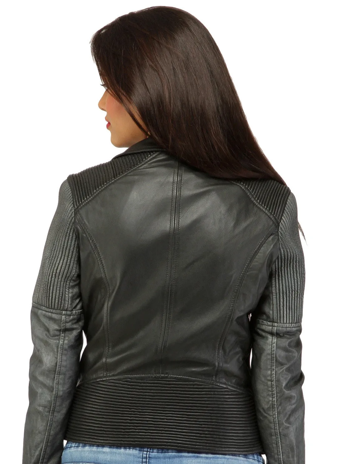 Women Washed Corded Biker Lamb Leather Jacket
