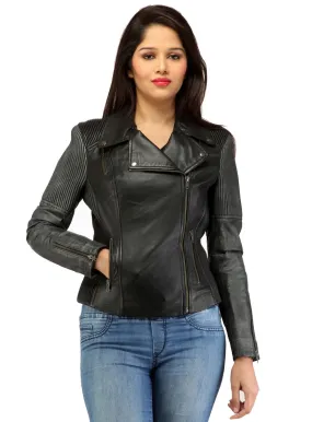 Women Washed Corded Biker Lamb Leather Jacket
