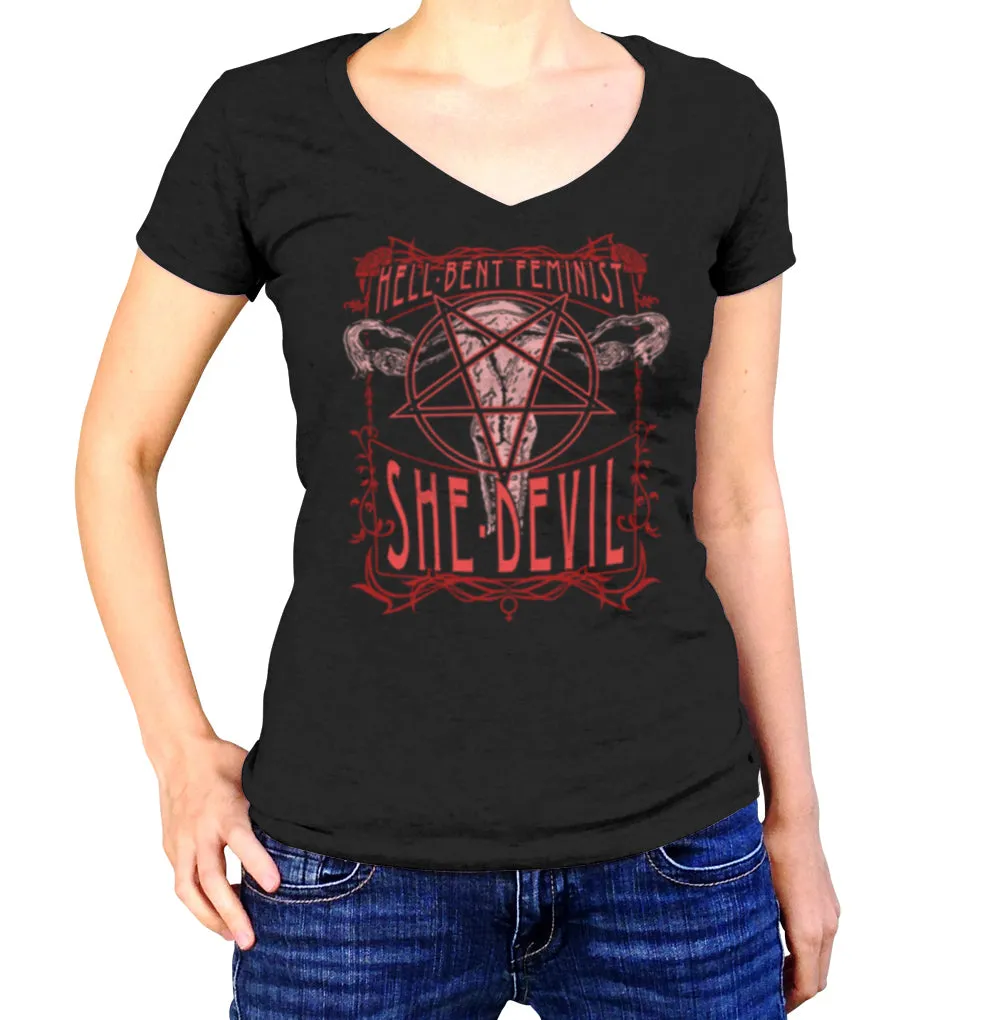 Women's Hell-Bent Feminist She-Devil Vneck T-Shirt