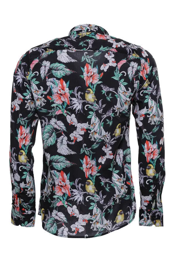 WSS Floral Patterned Slim Fit Long Sleeves Black Men Shirt  - Singen