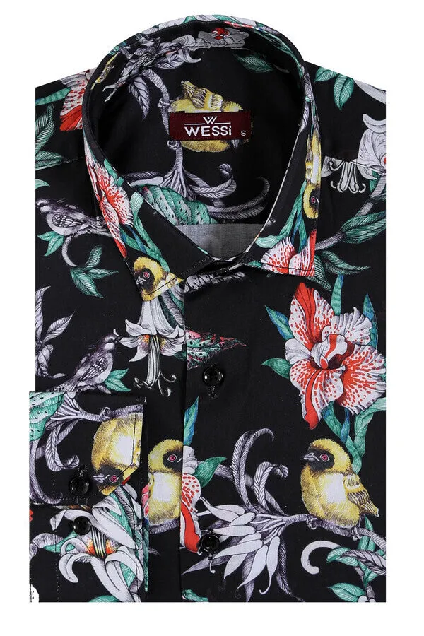 WSS Floral Patterned Slim Fit Long Sleeves Black Men Shirt  - Singen