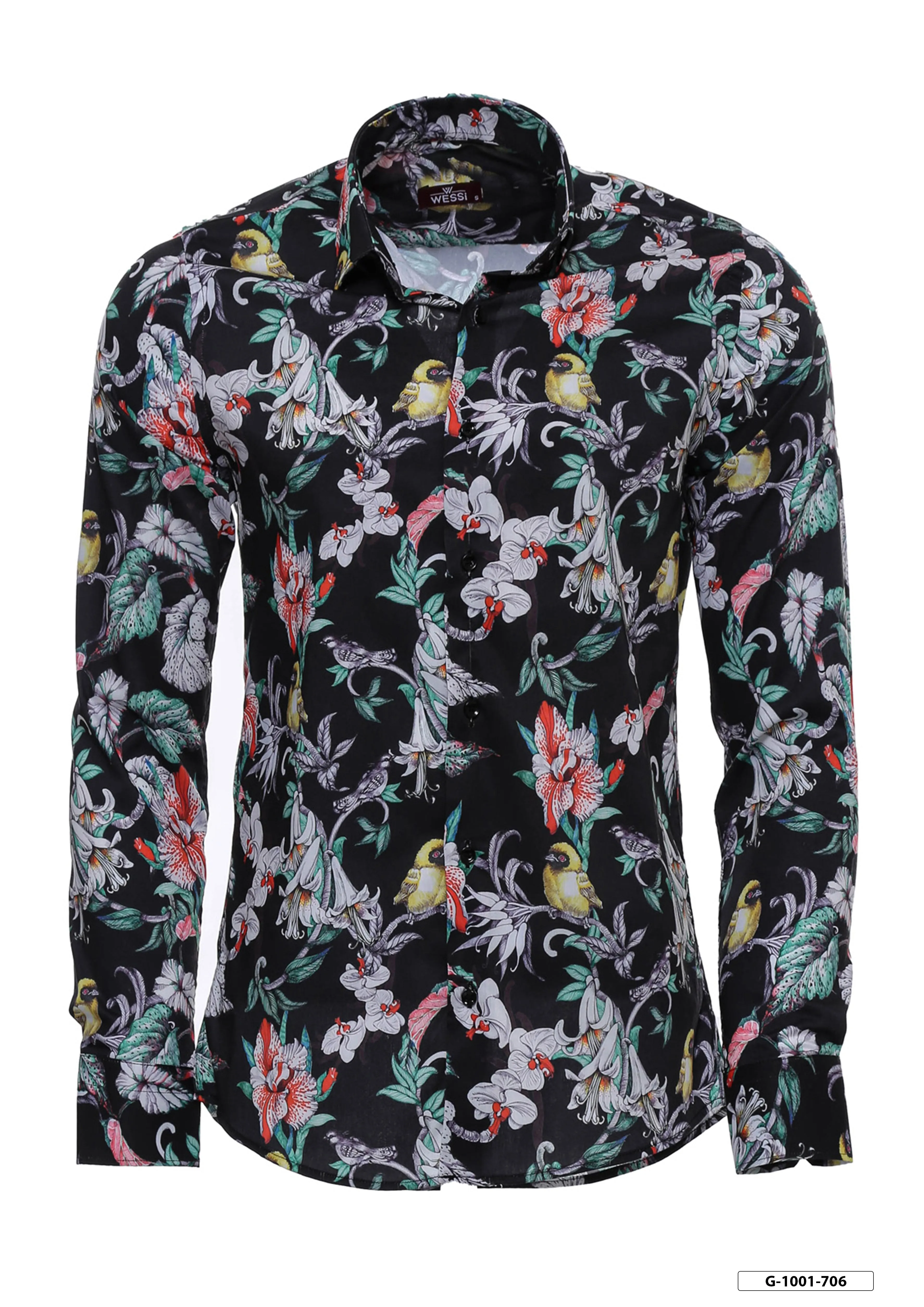 WSS Floral Patterned Slim Fit Long Sleeves Black Men Shirt  - Singen