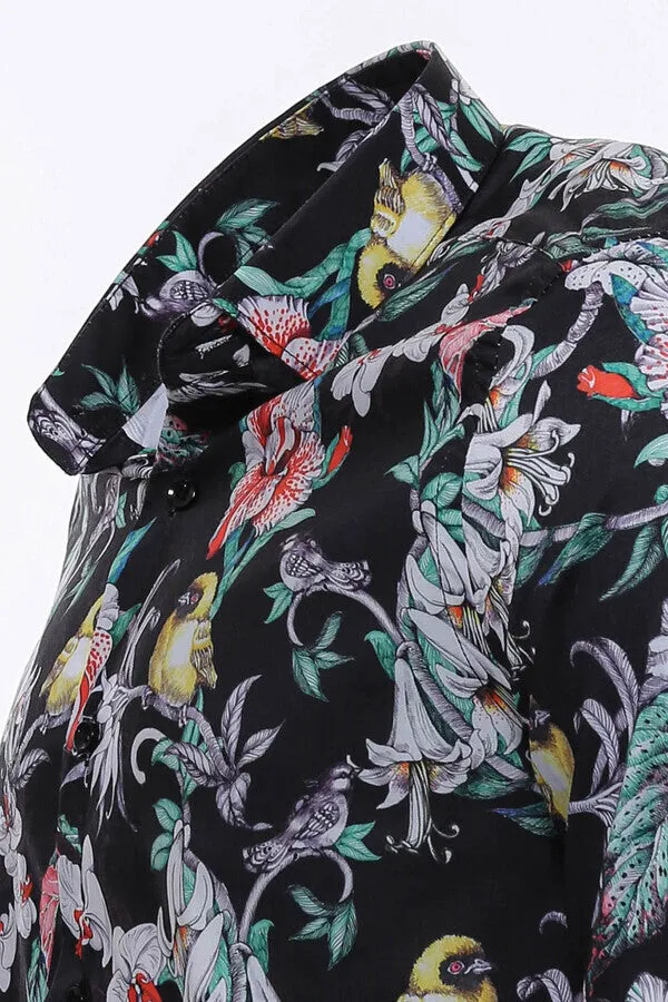 WSS Floral Patterned Slim Fit Long Sleeves Black Men Shirt  - Singen