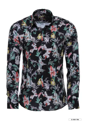 WSS Floral Patterned Slim Fit Long Sleeves Black Men Shirt  - Singen